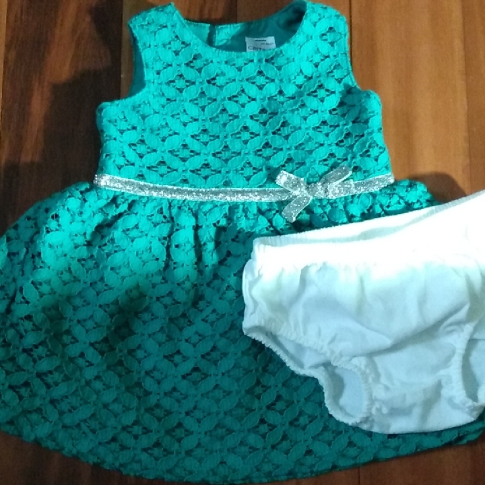 Carter's 3 Months Teal Green Sleeveless Lace Dress with Sparkly Belt & Bloomers